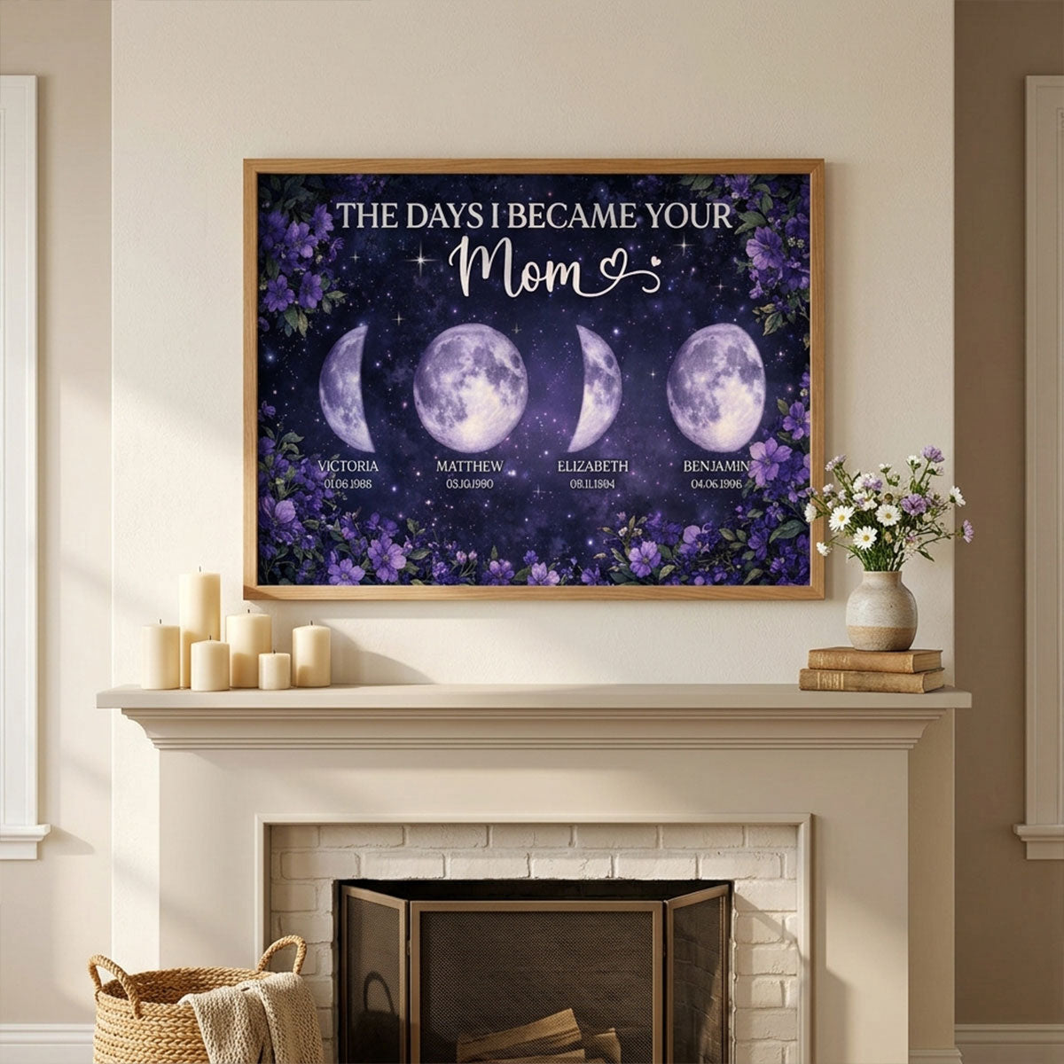 Purple Flowers The Day You Became Mom Grandma Custom Birth Moon Phase - Personalized Poster - Mother's Day Gift For Mom, Grandma
