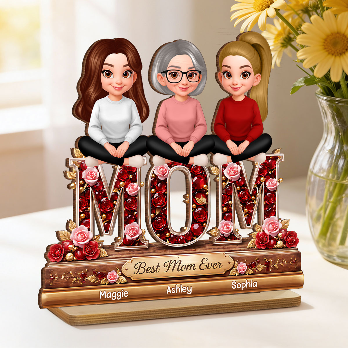 Mom Daughters Sons Sitting Best Mom Ever - Personalized 2-Layered Wooden Plaque - Heartfelt Gift For Mom, Grandma