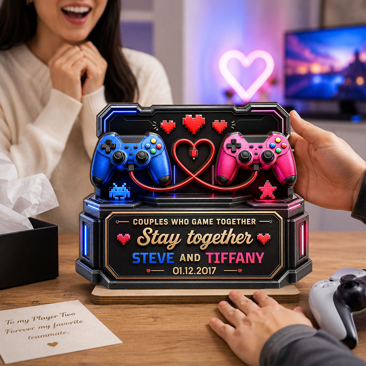 Couples Who Gamer Together Stay Together - Personalized 2-Layered Wooden Plaque - Heartfelt Anniversary Gift for Him, for Her