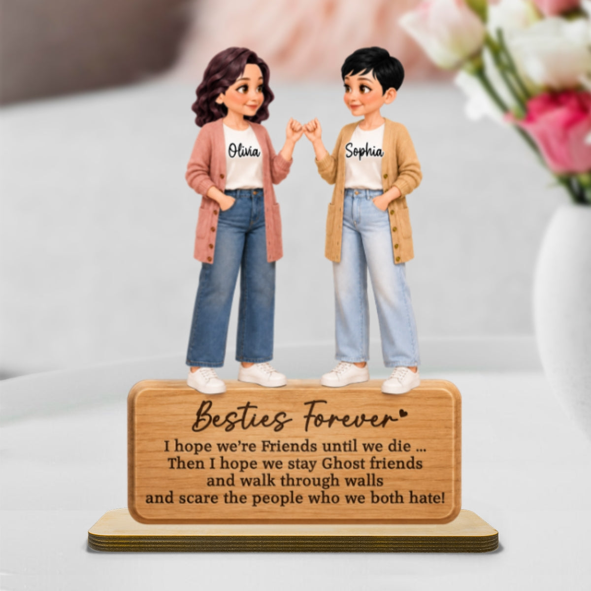 Pretty Besties Forever Pinky Promise 2D Flat - Personalized 2-Layered Wooden Plaque - Friendship Keepsake