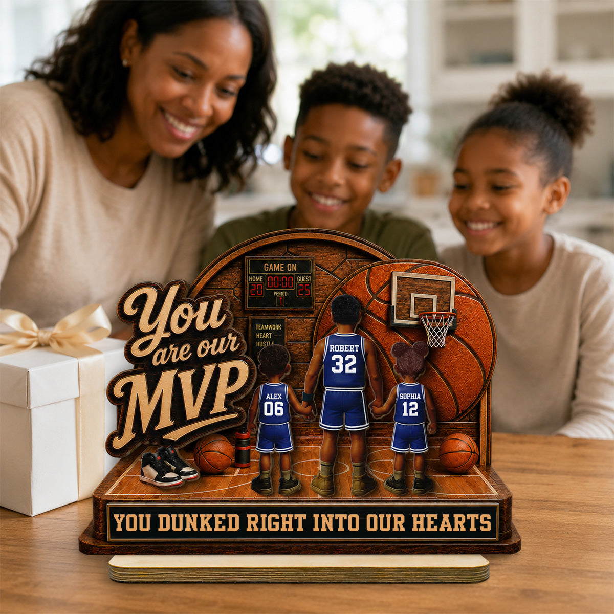 You Are Our MVP Standing Basketball Man & Kids 2D Flat - Personalized 2-Layered Wooden Plaque -  Gift For Basketball Dad