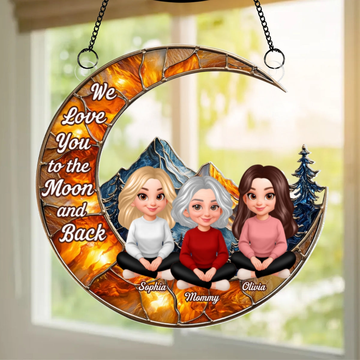 Mother Daughter Son Sitting on Moon - Personalized Suncatcher Ornament - Heartfelt Mother's Day Gift for Mom, Wife