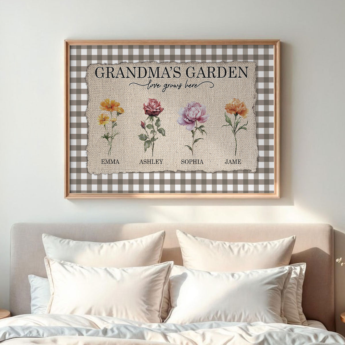 Gingham Pattern Grandma's Garden Birth Month Flowers - Personalized Poster - Mother's Day Gift For Grandma, Mom
