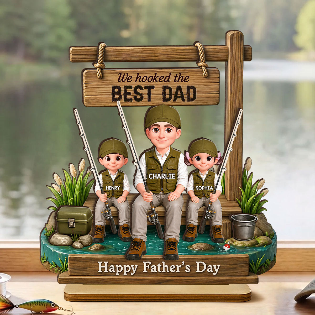 Best Moments Are Spent Together Fishing Dad Kids - Personalized 2-Layered Wooden Plaque - Heartfelt Gift For Fishing Dad, Gift For Husband