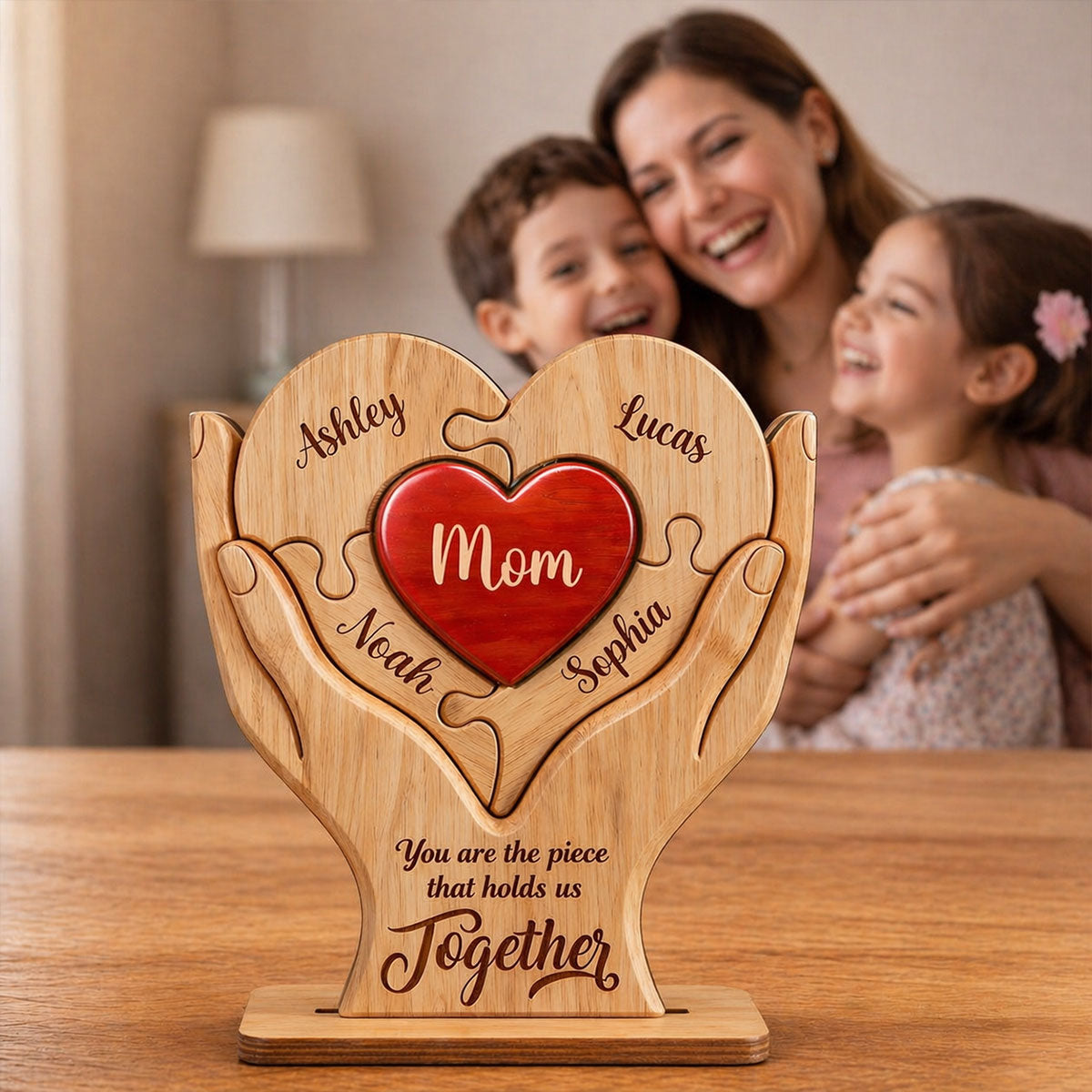 Mom The Piece That Holds Us Together - Personalized 2-Layered Wooden Plaque - Mother's Day Gift for Mom, Wife