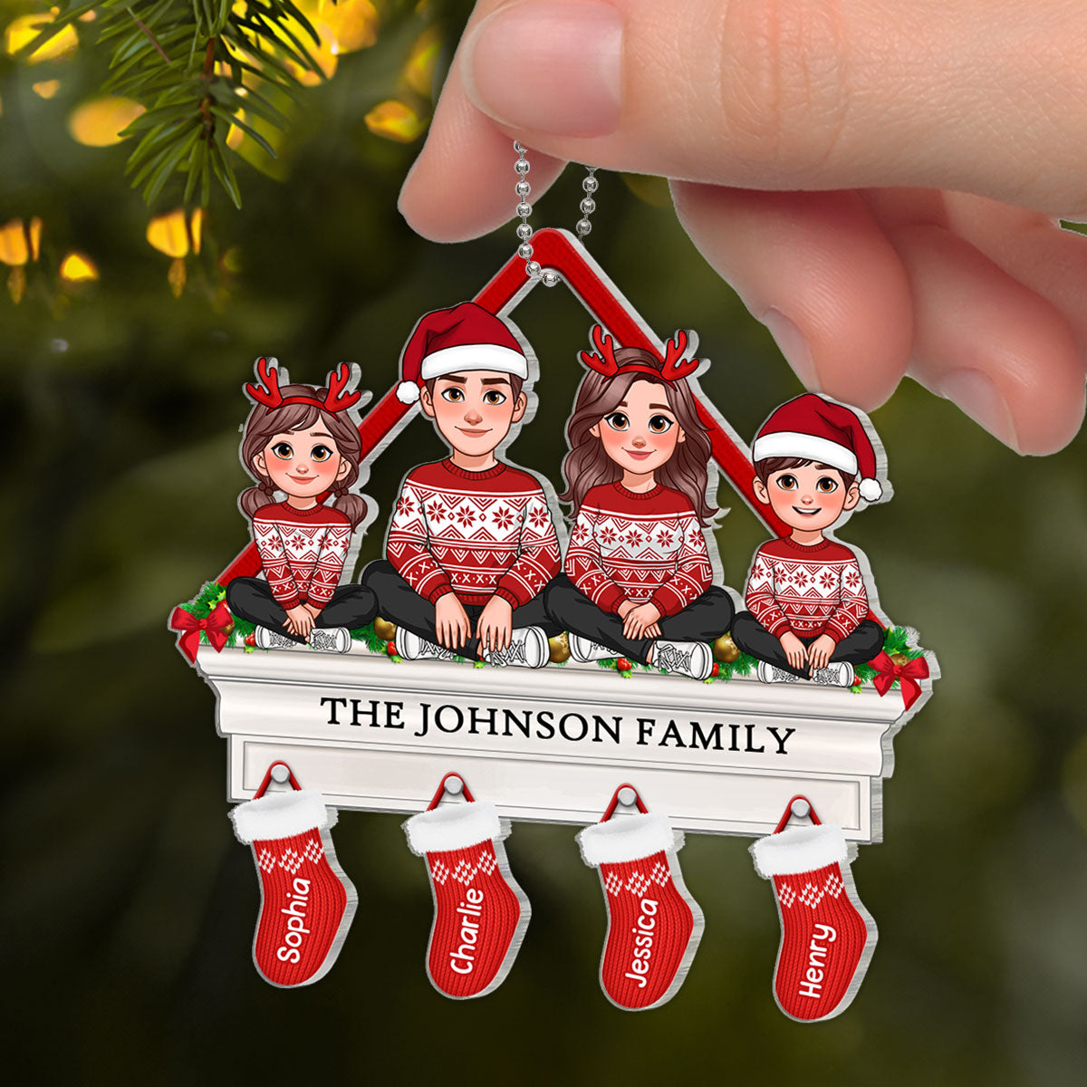 Family Sitting On Christmas Mantel With Stocking Personalized Acrylic Ornament