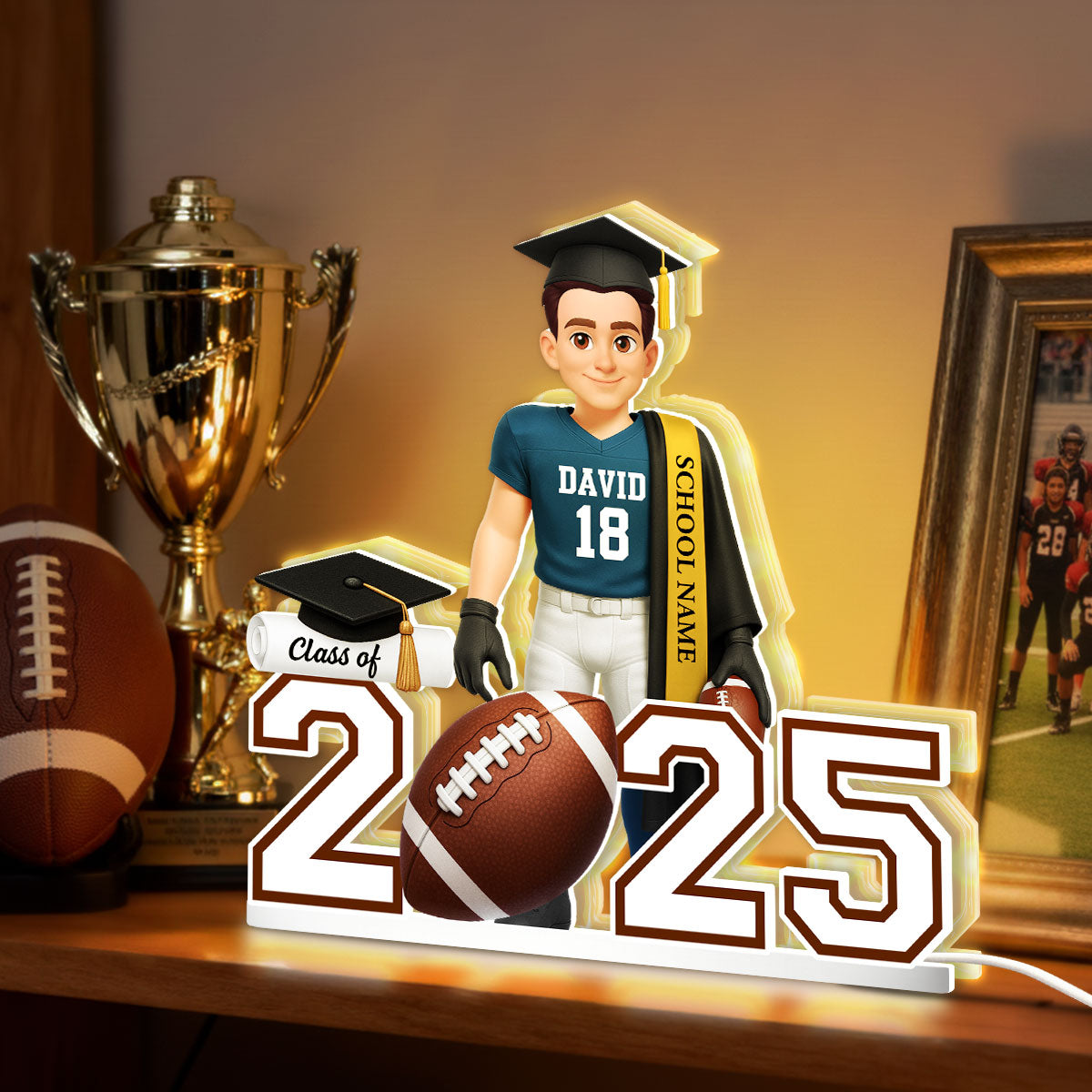 Football Boy 3D Effect Senior - Personalized Light Box - Christmas Gift Graduation Gift