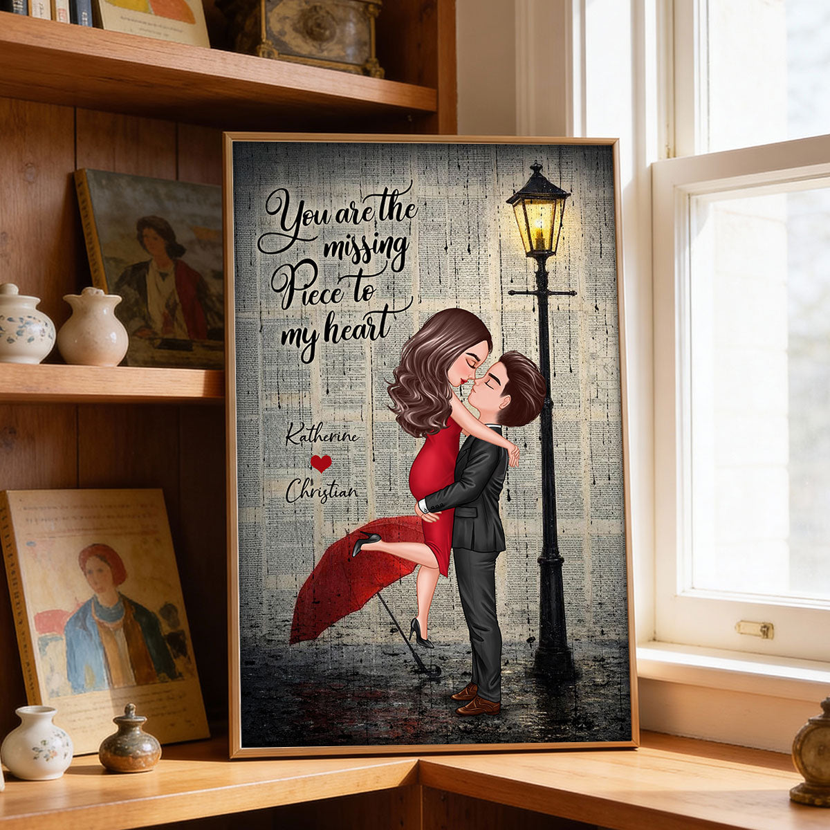Vintage Newspaper Couple Hugging Kissing Under Lamp Post - Personalized Poster