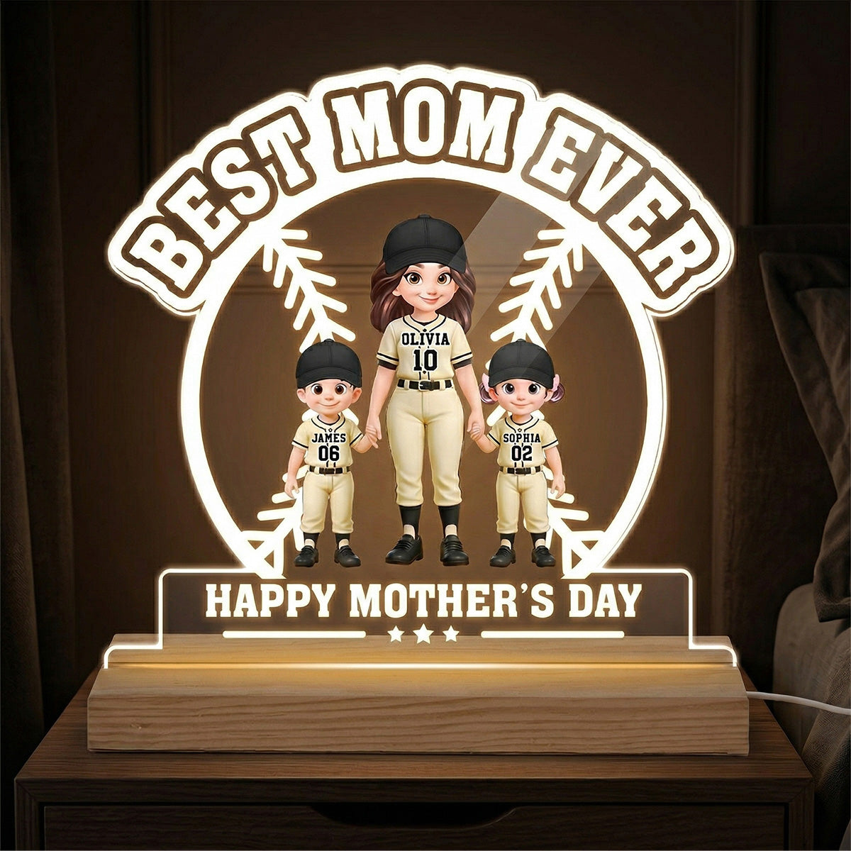 Best Mom Ever Baseball Mom & Kids - Personalized Acrylic Plaque LED Night Light