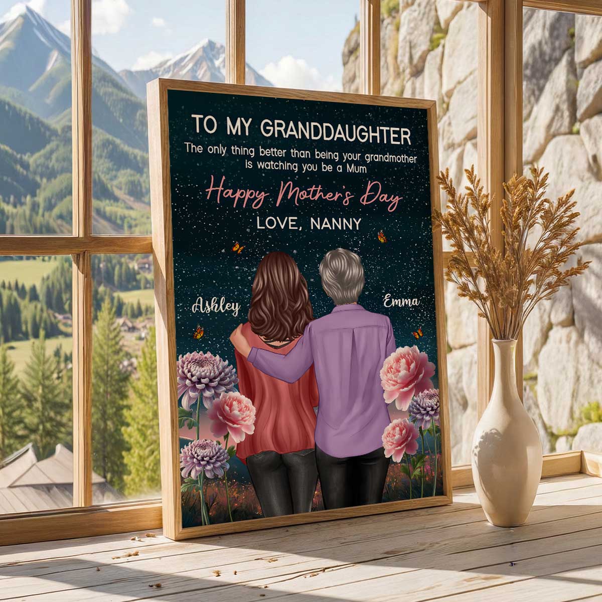 To My Granddaughter From Nanny Birth Month Flower Beautiful Hill At Night - Personalised Poster - Mother's Day Gift