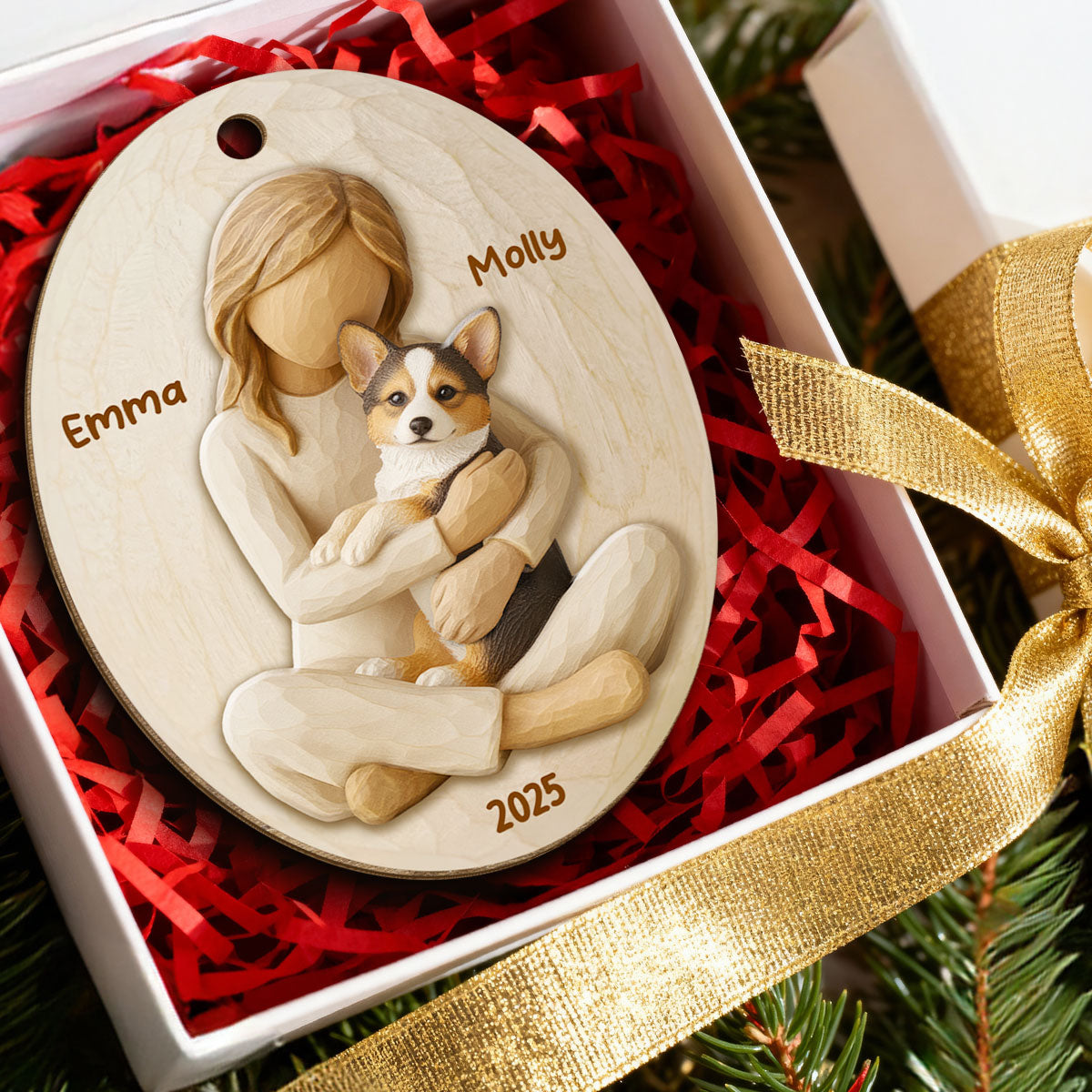 3D Effect Girl & Her Dog - Personalized Wooden Ornament - Gift For Dog Lover