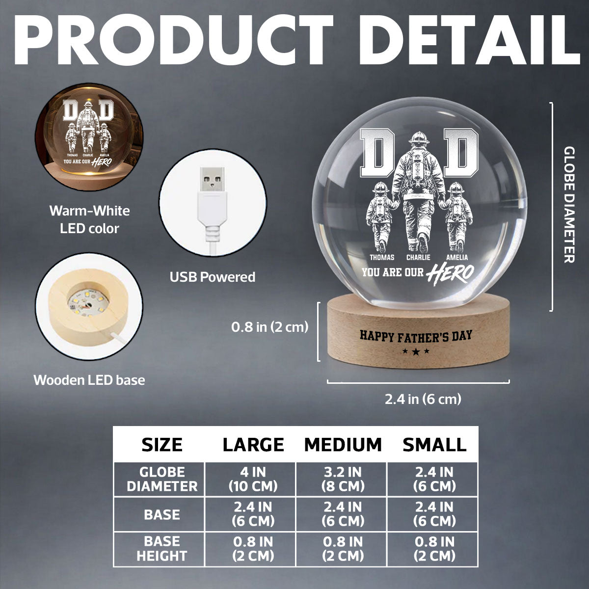 Proud Firefighter Dad You Are Our Hero - Personalized Crystal Ball LED Night Light -  Gift For Dad, Husband