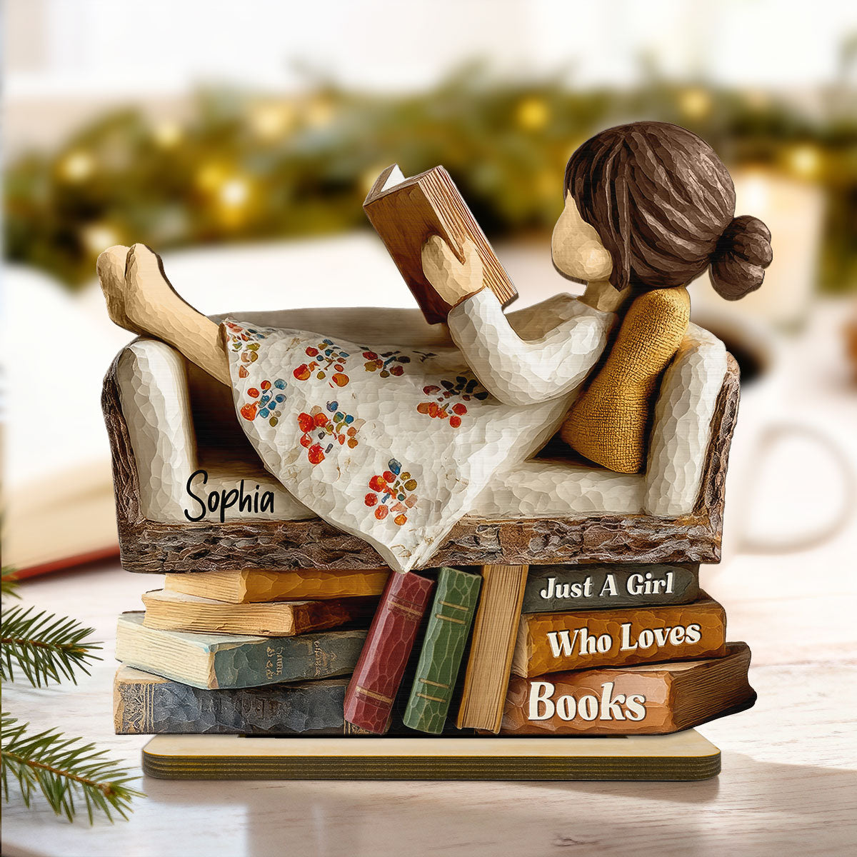Man Woman Book Lover Reading Book On Sofa 3D Effect - Personalized Wooden Plaque
