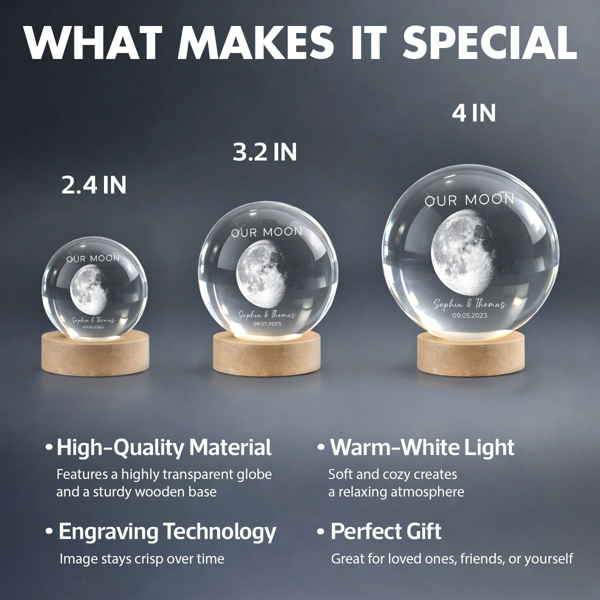 Our Moon Special Day Custom Moon Phase - Personalized Crystal Ball LED Night Light - Valentine's Day Gift For Couple