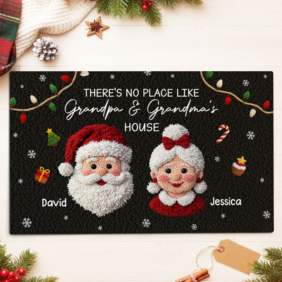 No Place Like Grandma Grandpa Santa Claus - Personalized Doormat - Latch Hook Yarn Faux Christmas Decor, Gift for Grandparents