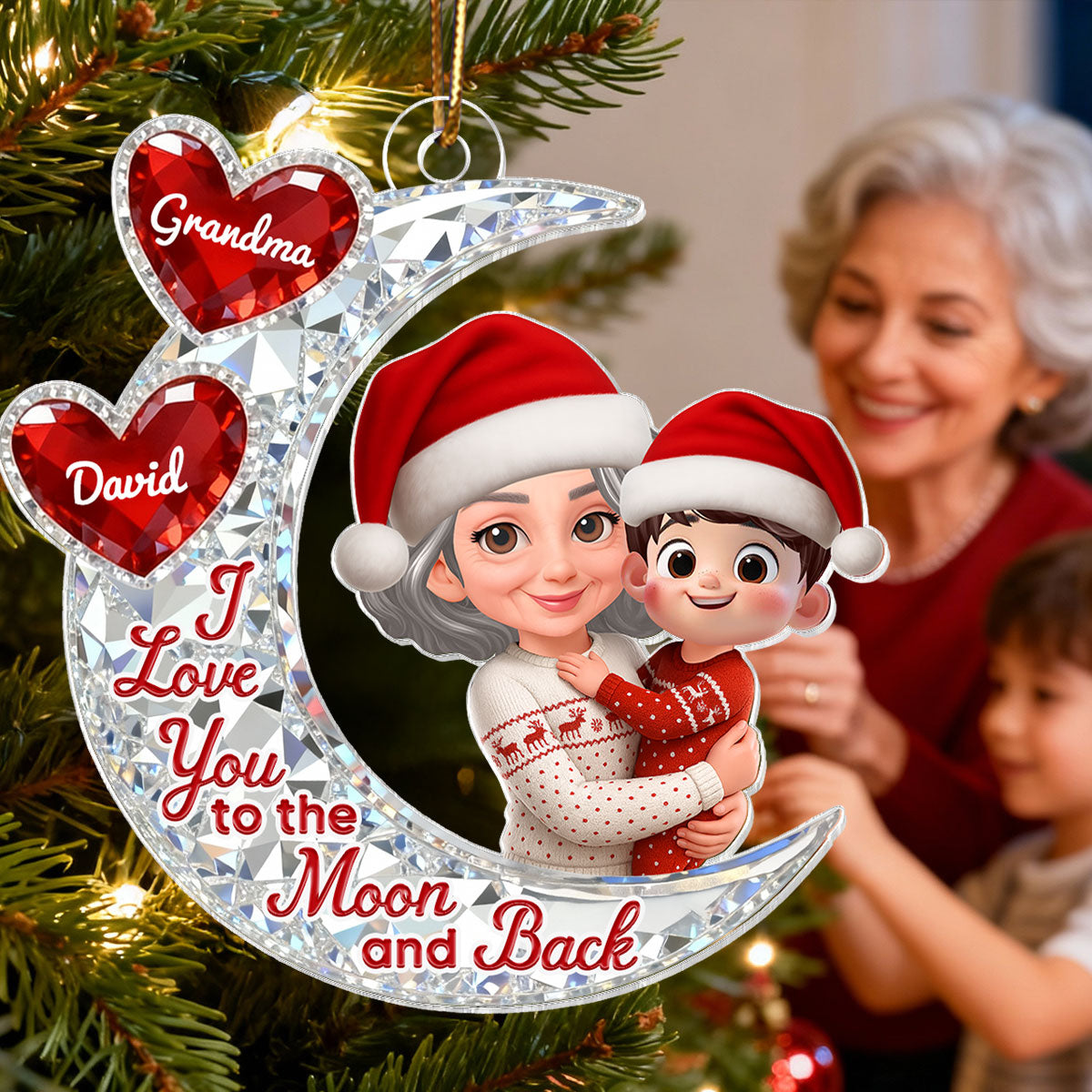 3D Effect Flat Moon Grandma Grandkid Love You To The Moon And Back - Personalized Acrylic Ornament - Christmas Gift For All Grandkids
