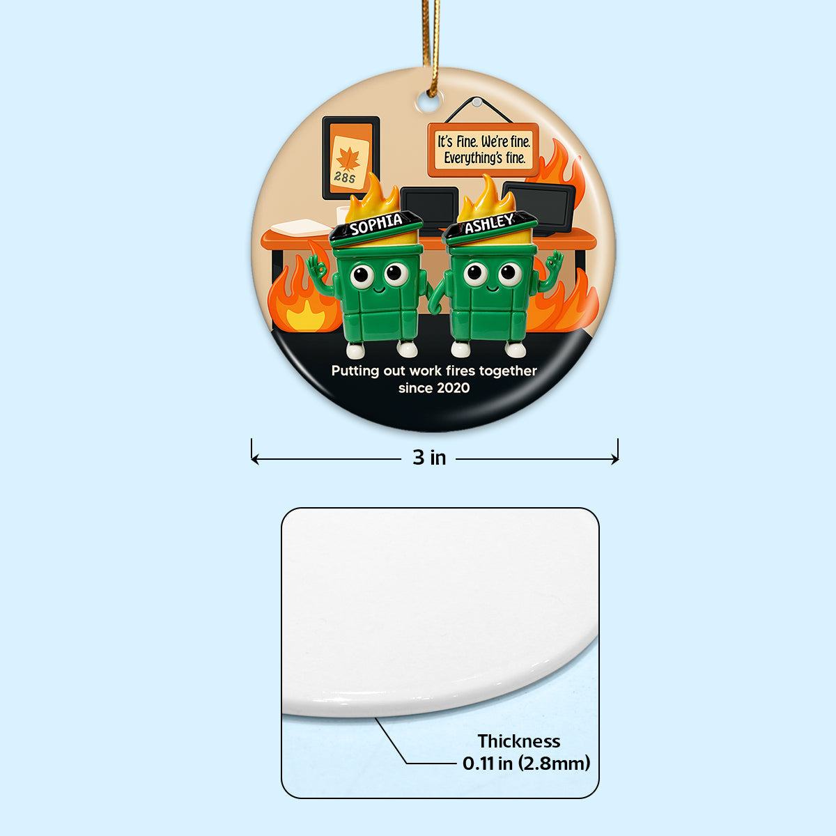 3D Effect Dumpster Fires In Office Scene - Personalized Ornament - Funny Gift For Colleagues, Work Besties