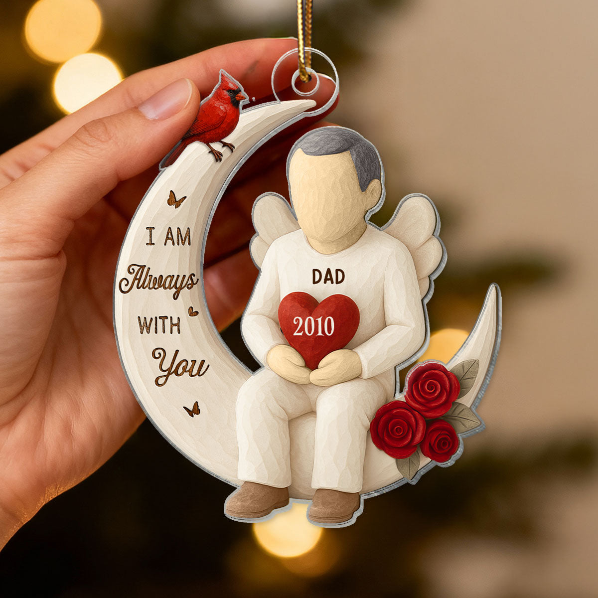3D Effect Roses Wooden Texture Memorial On Moon - Personalized Acrylic Ornament - Christmas Remembrance Gift, Sympathy Gift