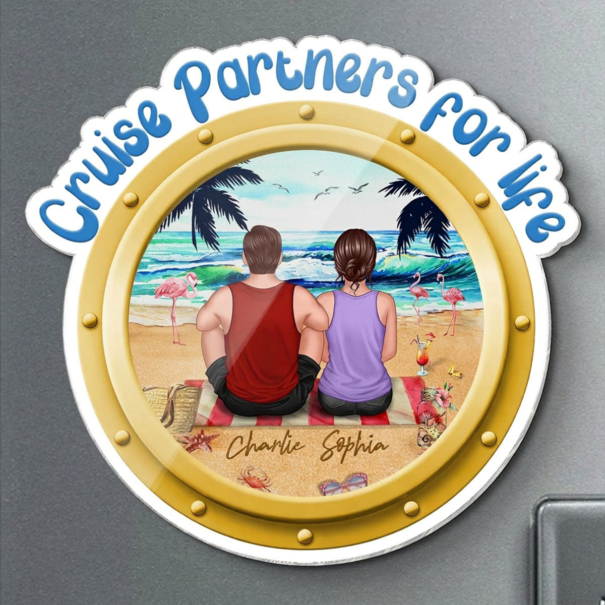 Cruise Partners For Life Porthole Back View Couple Sitting On The Beach - Personalized Cruise Ship Door Magnet