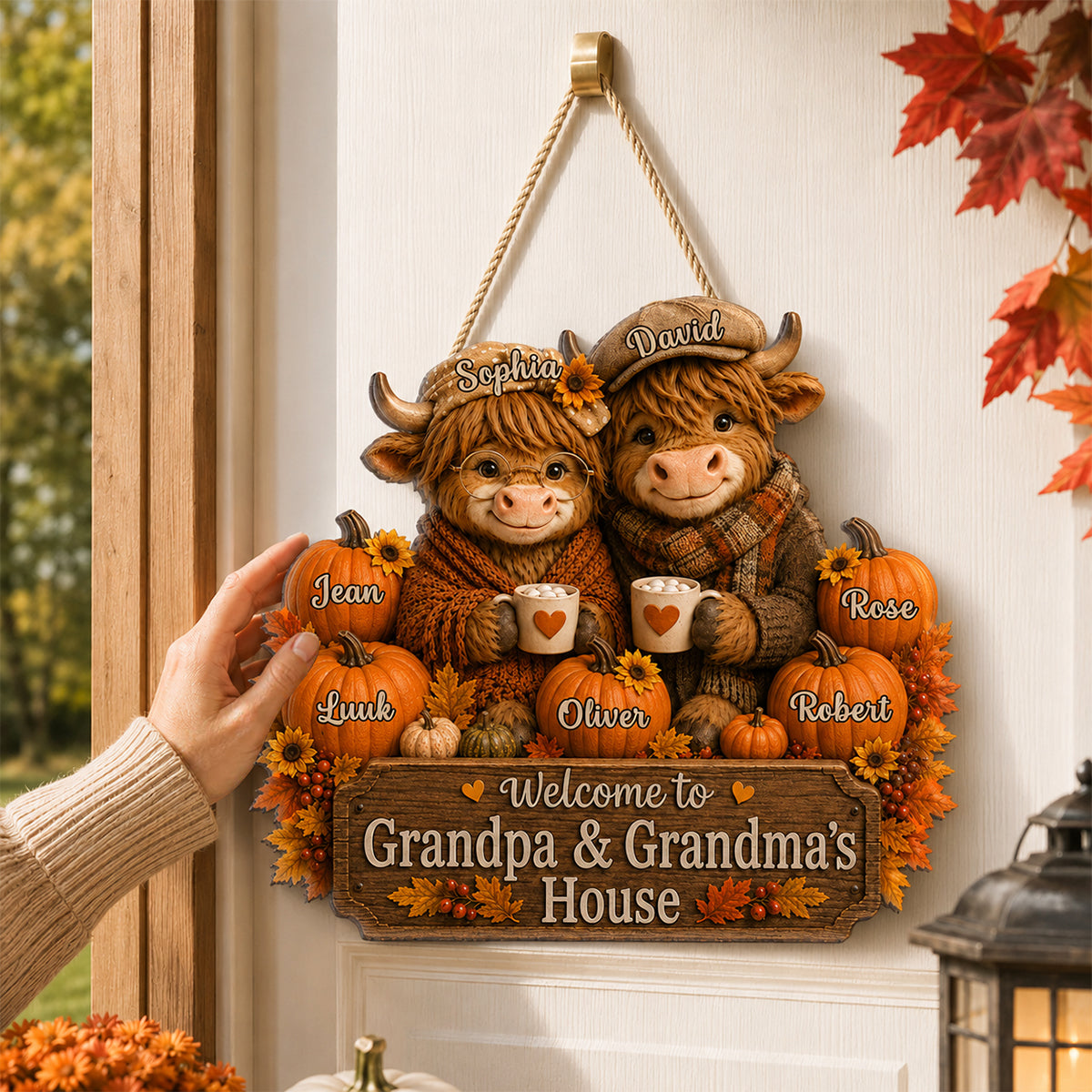 Welcome To Grandpa Grandpa's House Highland Cow - Personalized Wood Sign - Fall Season Decor Gift, Gift For Grandma, Grandpa