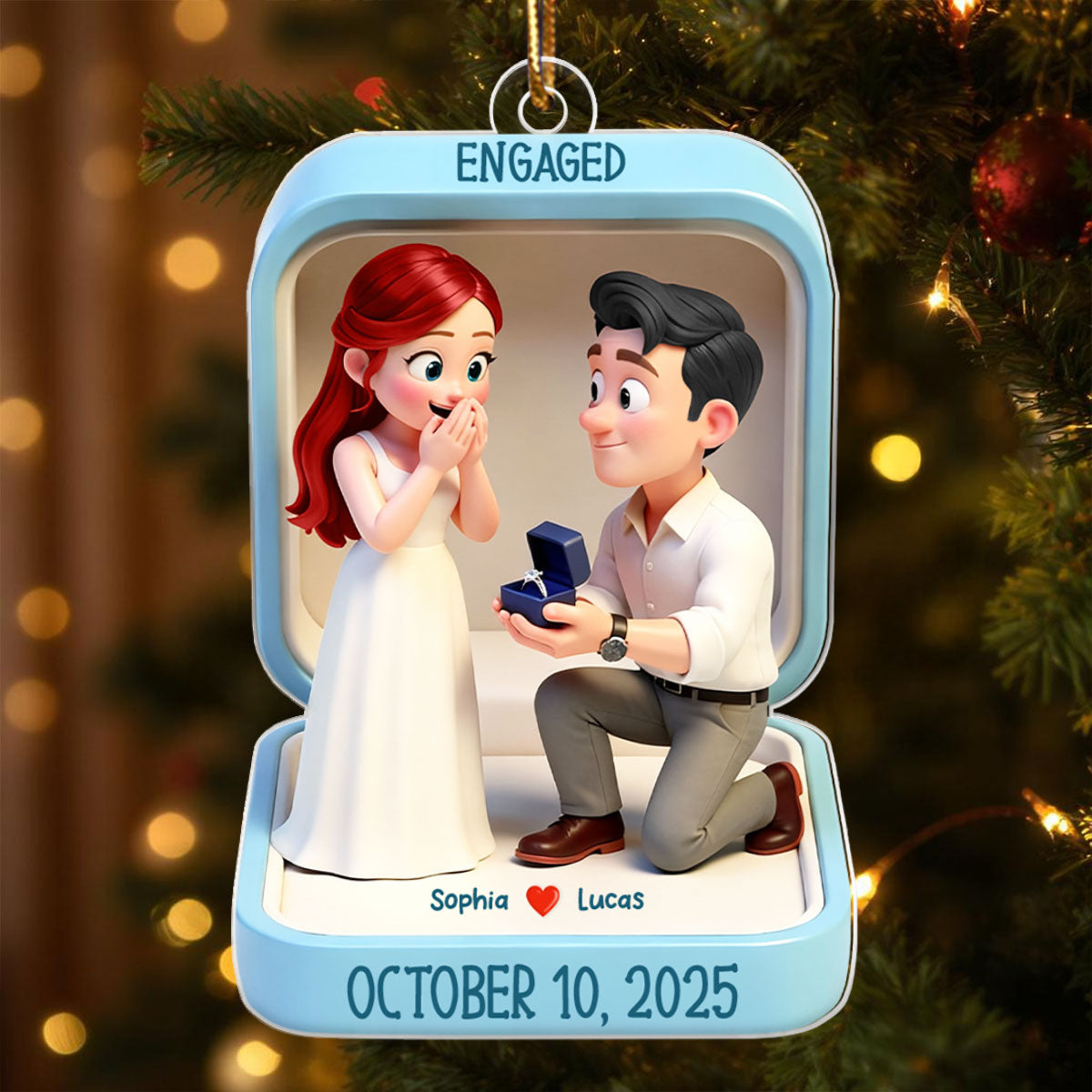 Cute Cartoon Couple 1st Christmas Engaged - Personalized Acrylic Ornament - Proposal Keepsake