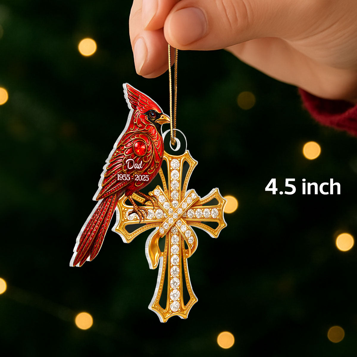 Red Cardinal On Cross 3D Crystal Effect - Personalized Acrylic Ornament - Family Memorial Keepsake