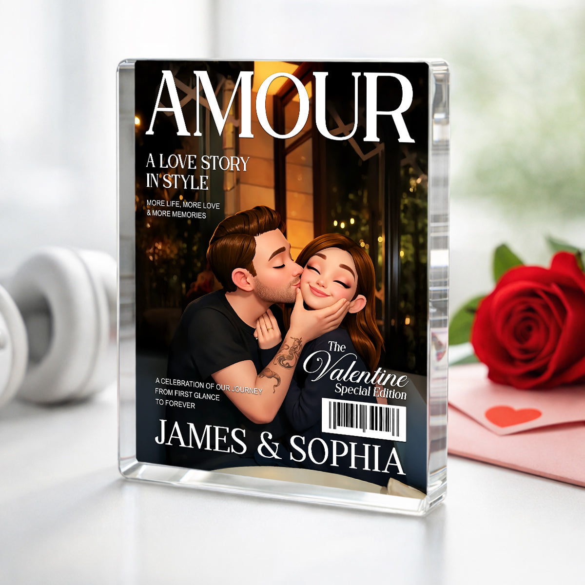 Couple Love Story Magazine Cover - Personalized Acrylic Block Plaque - Anniversary, Valentine's Day Gift, Gift For Him, Gift For Her