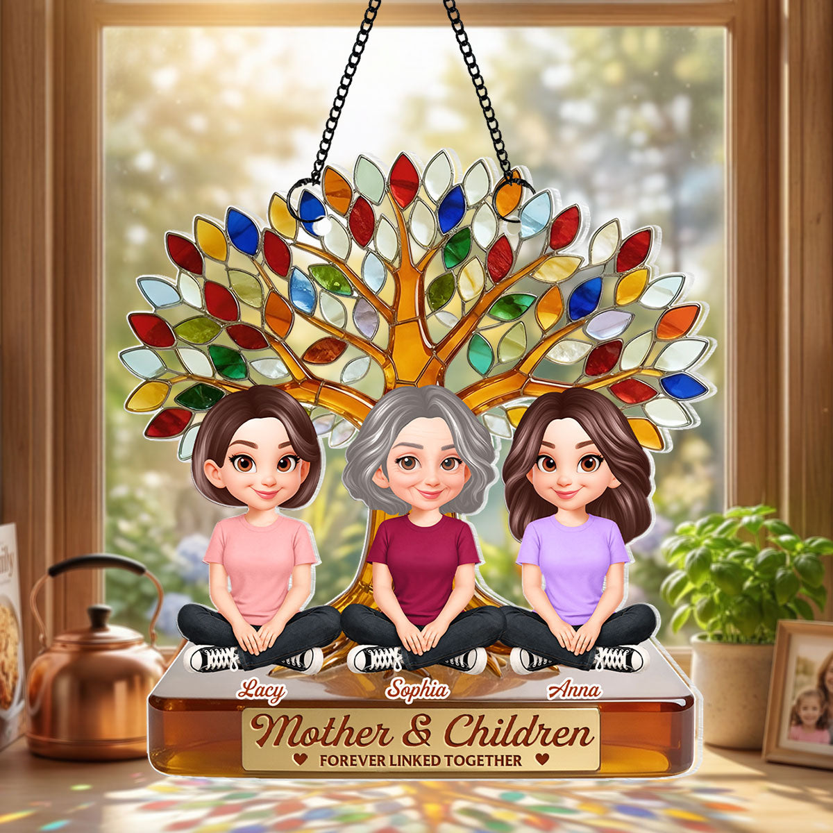 Mom And Son Daughter Under Colorful Tree Of Life - Personalized Suncatcher Ornament - Gift For Mom