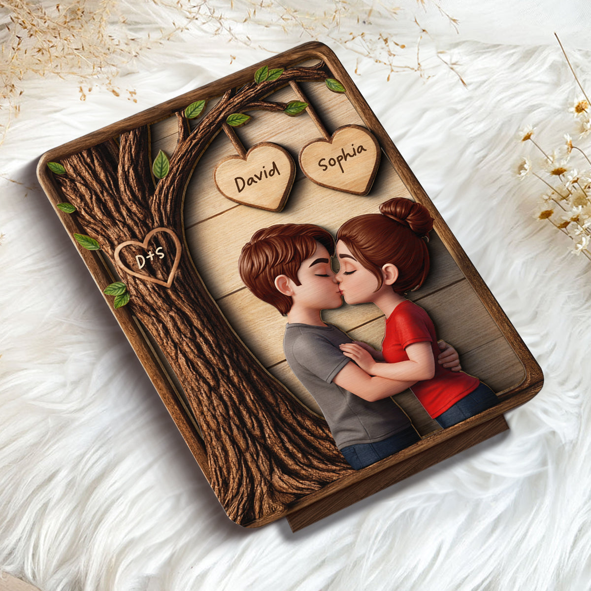 Loving Couple Kissing Under Tree - Personalized 2-Layered Wooden Plaque - Sentimental Valentine's Day Gift for Her, for Him