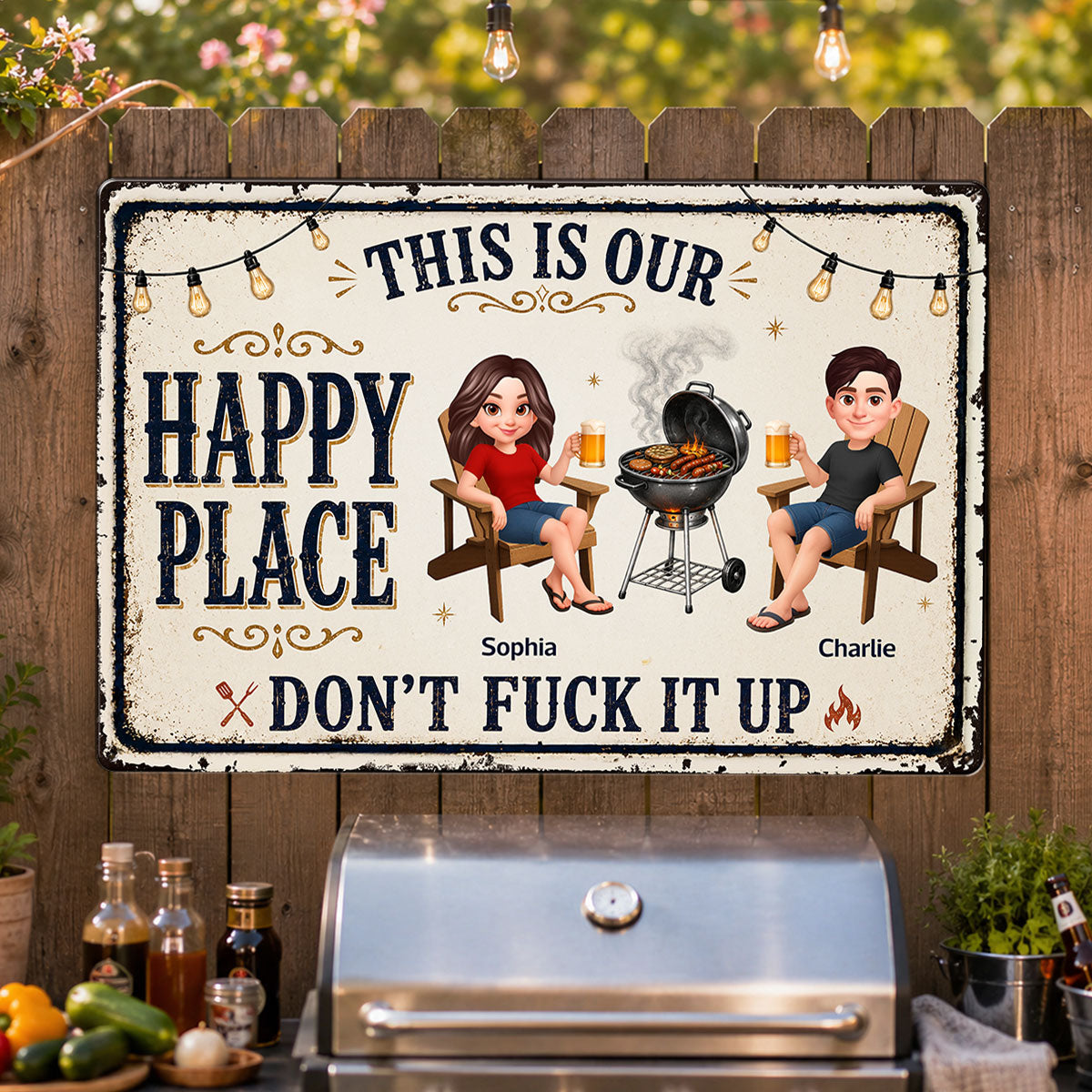This Is Our Happy Place Backyard Bar Grilling - Personalized Metal Sign - Funny Sarcasm Summer Decoration