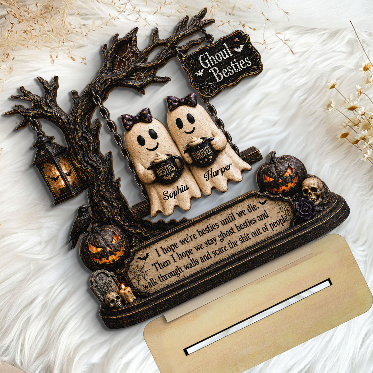 Ghost Besties On Swing Friends Until We Die 2D Flat - Personalized 2-Layered Wooden Plaque - Funny Work Bestie Gift, Halloween Keepsake For Best Friends