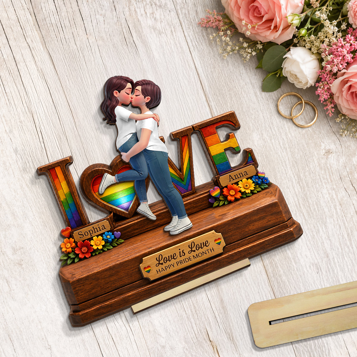 Rose Love LGBT+ Couple - Personalized 2-Layered Wooden Plaque - Gift For Couple, Happy Pride Month