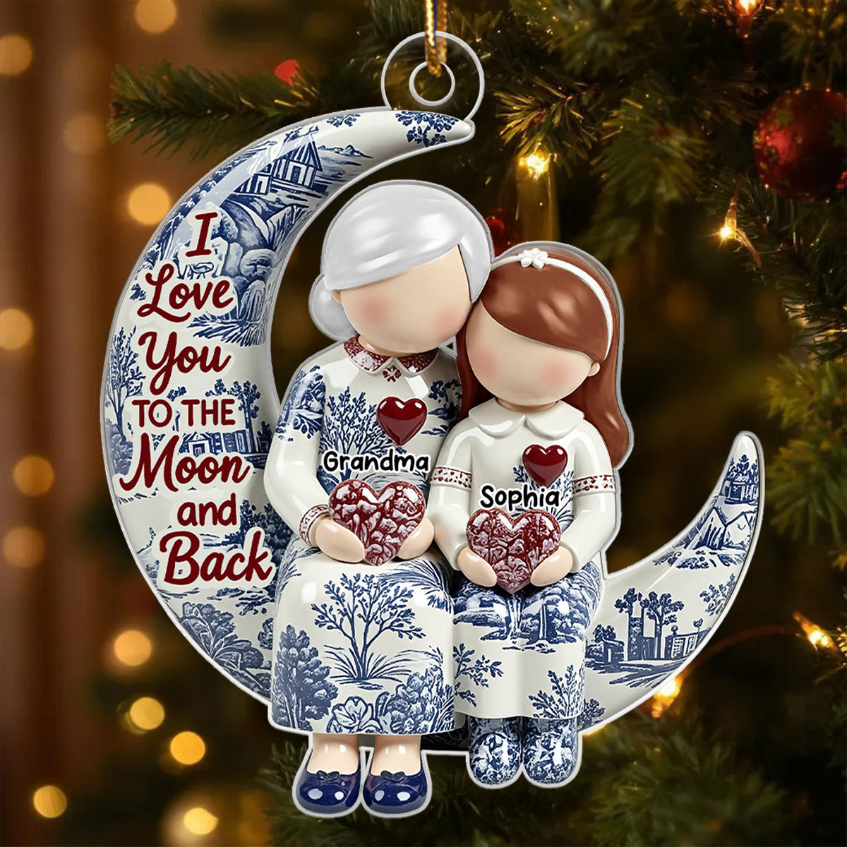 Grandma Grandkids on Moon Toile de Jouy Pattern - Personalized Acrylic Ornament - Sentimental Gift for Grandma