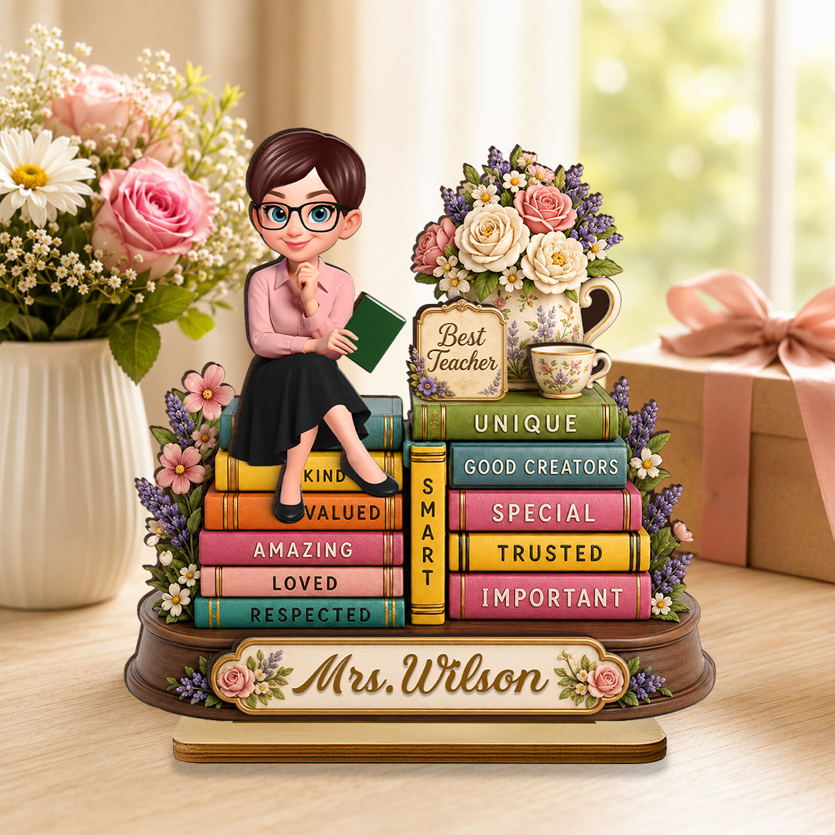 Floral Books Teacher - Personalized 2-Layered Wooden Plaque - Back To School Gift For Teachers Appreciation, Teacher Desk Name