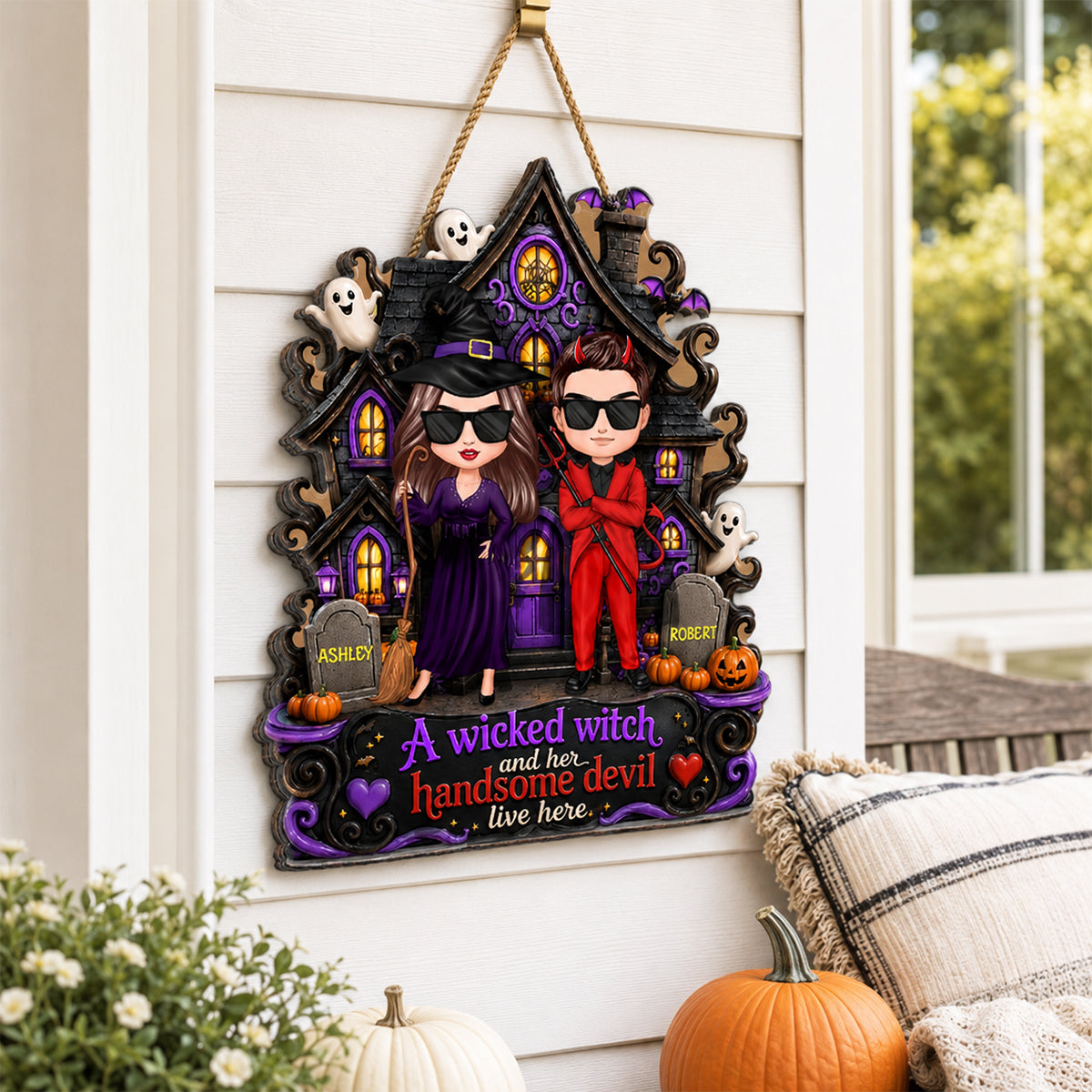 Halloween A Wicked Witch and Her Handsome Devil Live Here - Personalized Door Sign - Summerween Decor for Couples