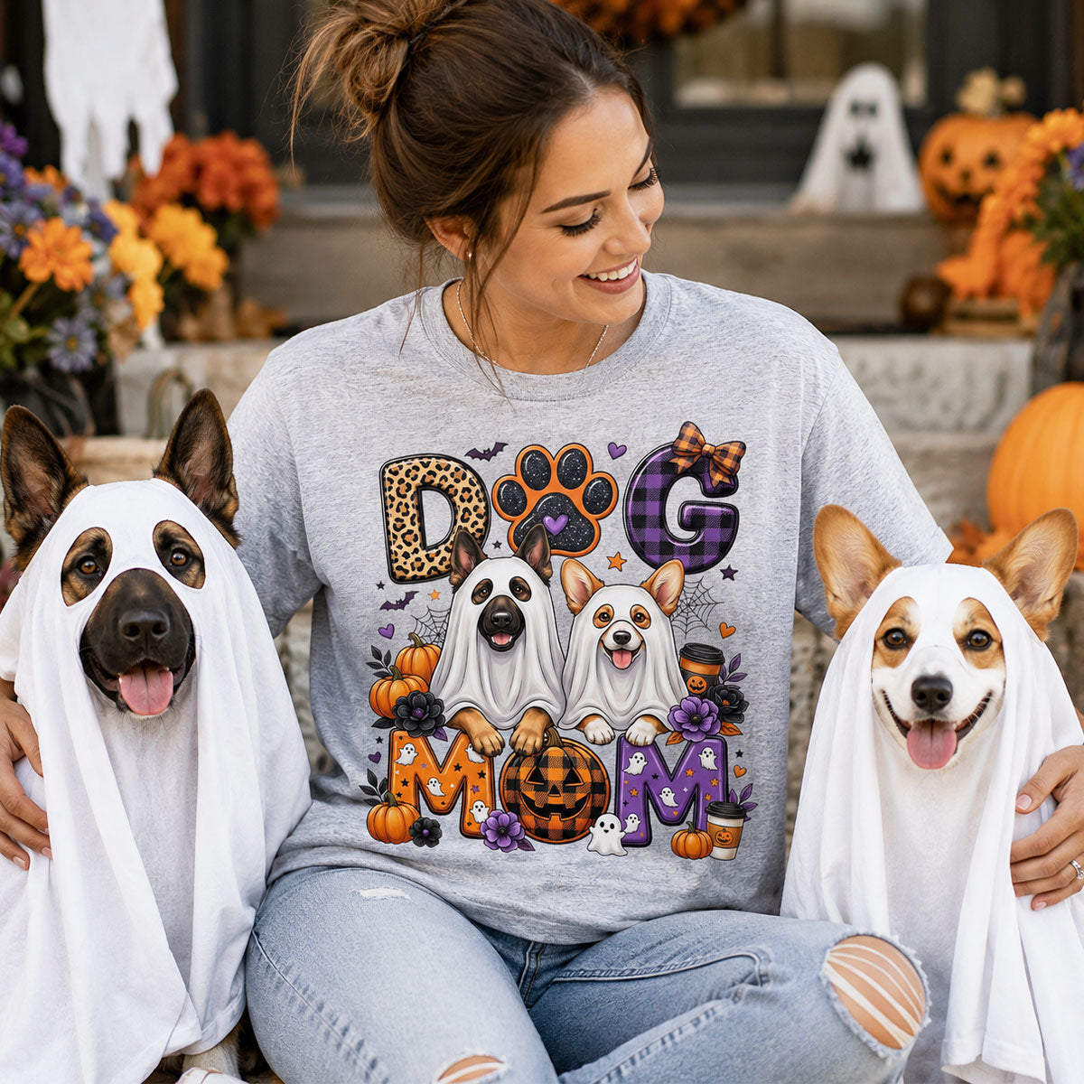 Halloween Dog Mom - Personalized Shirt - Custom Dog Photo, Fall Pumpkin Halloween Trendy Tee for Dog Moms