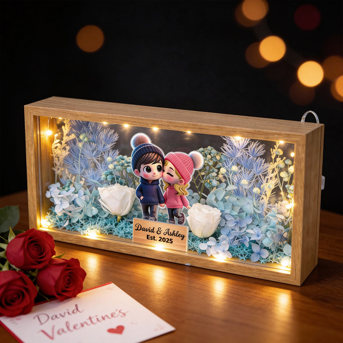 Eternal Love Cute Cartoon Chibi Couple Couple - Personalized DIY Flower Shadow Box LED Night Light - Gift For Couple, For Him, For Her