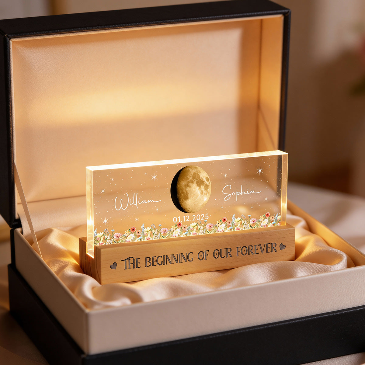 Floral Our Moon Couple Custom Moon Phase Anniversary Date - Personalized Acrylic Block LED Plaque Night Light - Gift For Couple