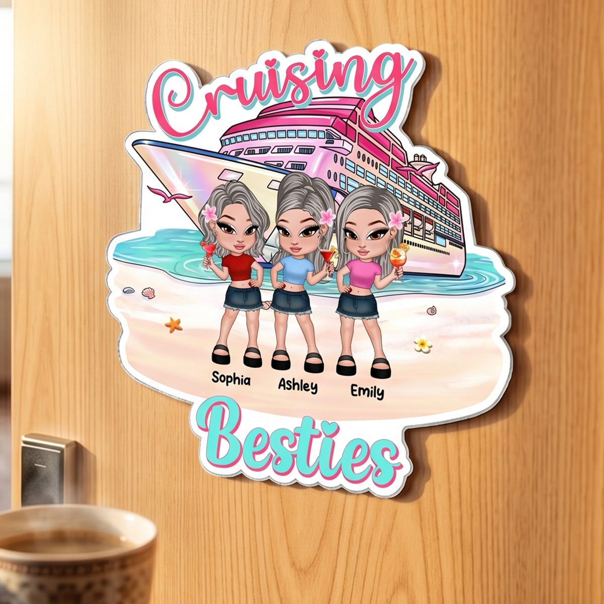 Y2K Cruising Besties On The Beach - Personalized Cruise Cabin Door Magnet - Girls Trip Cruise Trip Keepsake
