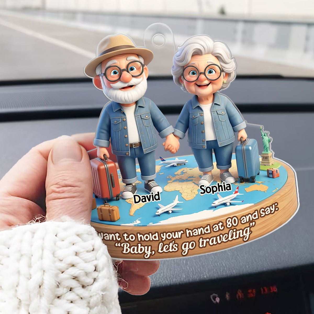 3D Effect Old Couple Baby Let's Go Traveling  - Personalized Acrylic Car Hanger - Sentimental Gift for him, for her