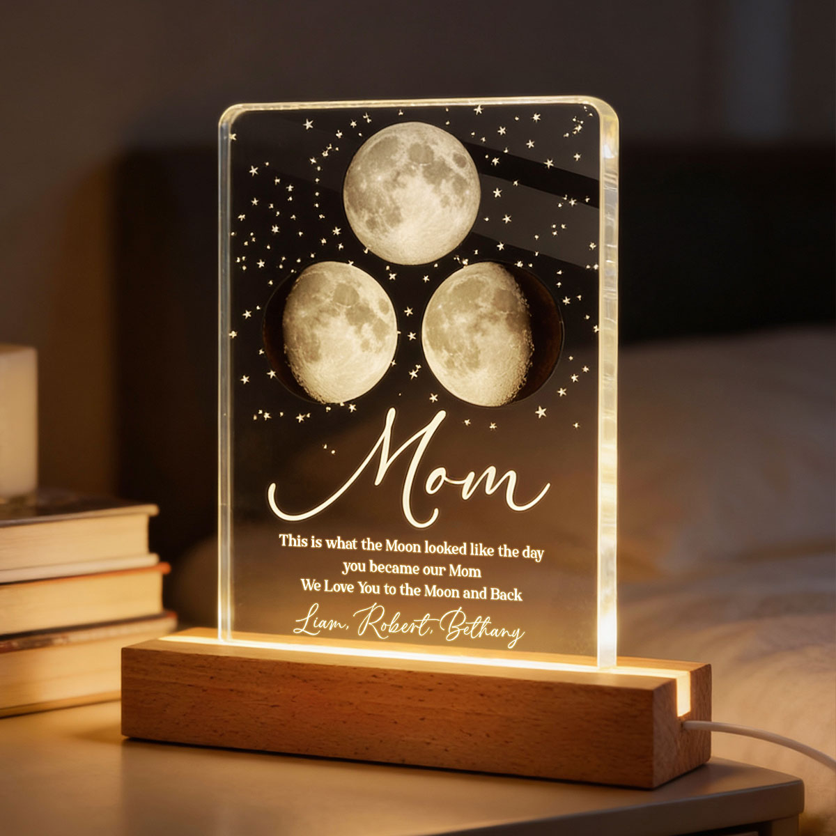 Mom I Love You to the Moon and Back, Custom Moon Phase by Date - Personalized Acrylic Block LED Night Light - Heartfelt Gift for Mom