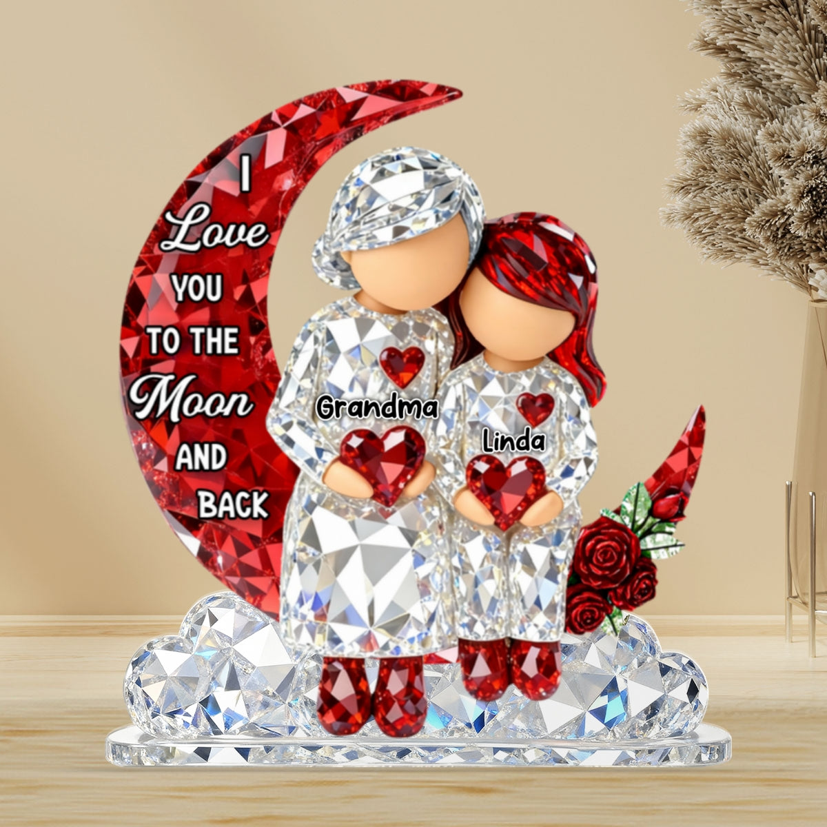 3D Crystal Effect Grandma Grandpa Grandkid Sitting on Moon - Personalized Acrylic Block Plaque - Heartfelt Home Decor for Grandma