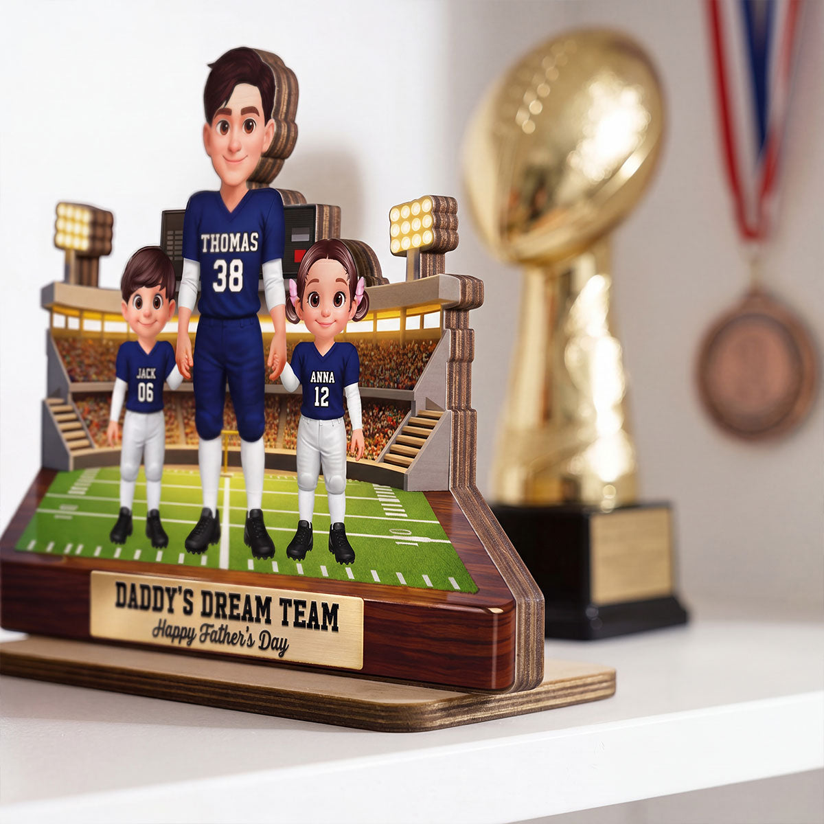 American Football Dad And Kids - Personalized 2-Layered Wooden Plaque -  Gift For Dad
