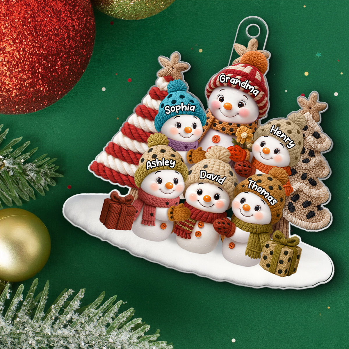 3D Embroidered Effect Snowman Grandma Grandkids - Personalized Acrylic Ornament - Christmas Gift for Grandma