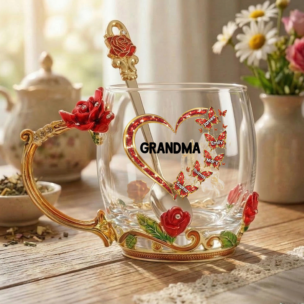 Grandma Butterflies Heart Custom Kids Names - Personalized Enamel Flower Tea Cup - Gift For Grandma, Mom