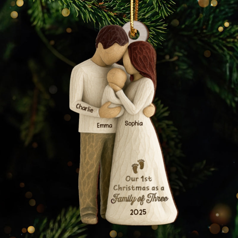 3D Effect First Christmas As Family Of Three Mom Dad & Baby - Personalized Car Hanger
