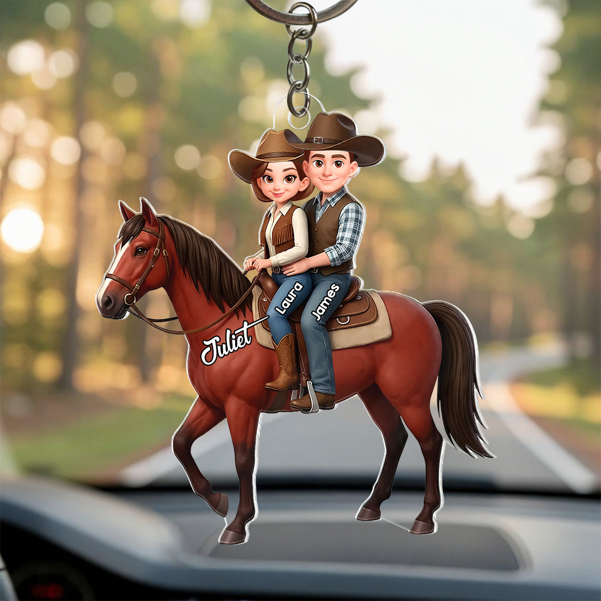 3D Effect Couple And Their Horse - Personalized Acrylic Car Hanger - Valentine's Gift For Couple, For Horse Lovers