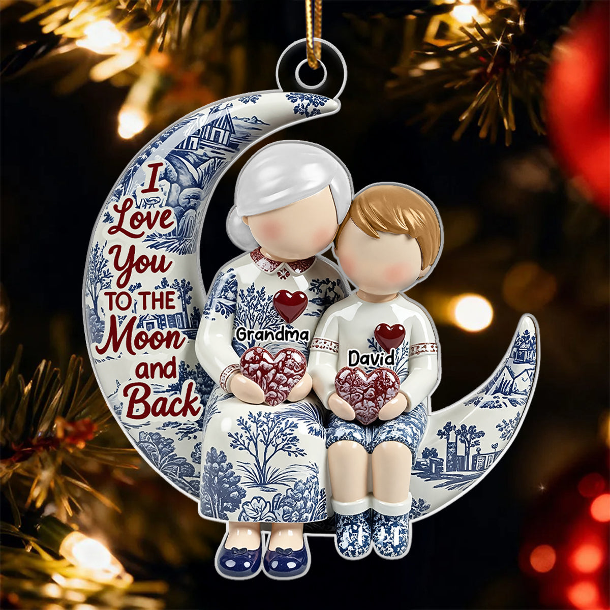 Grandma Grandkids on Moon Toile de Jouy Pattern - Personalized Acrylic Ornament - Sentimental Gift for Grandma