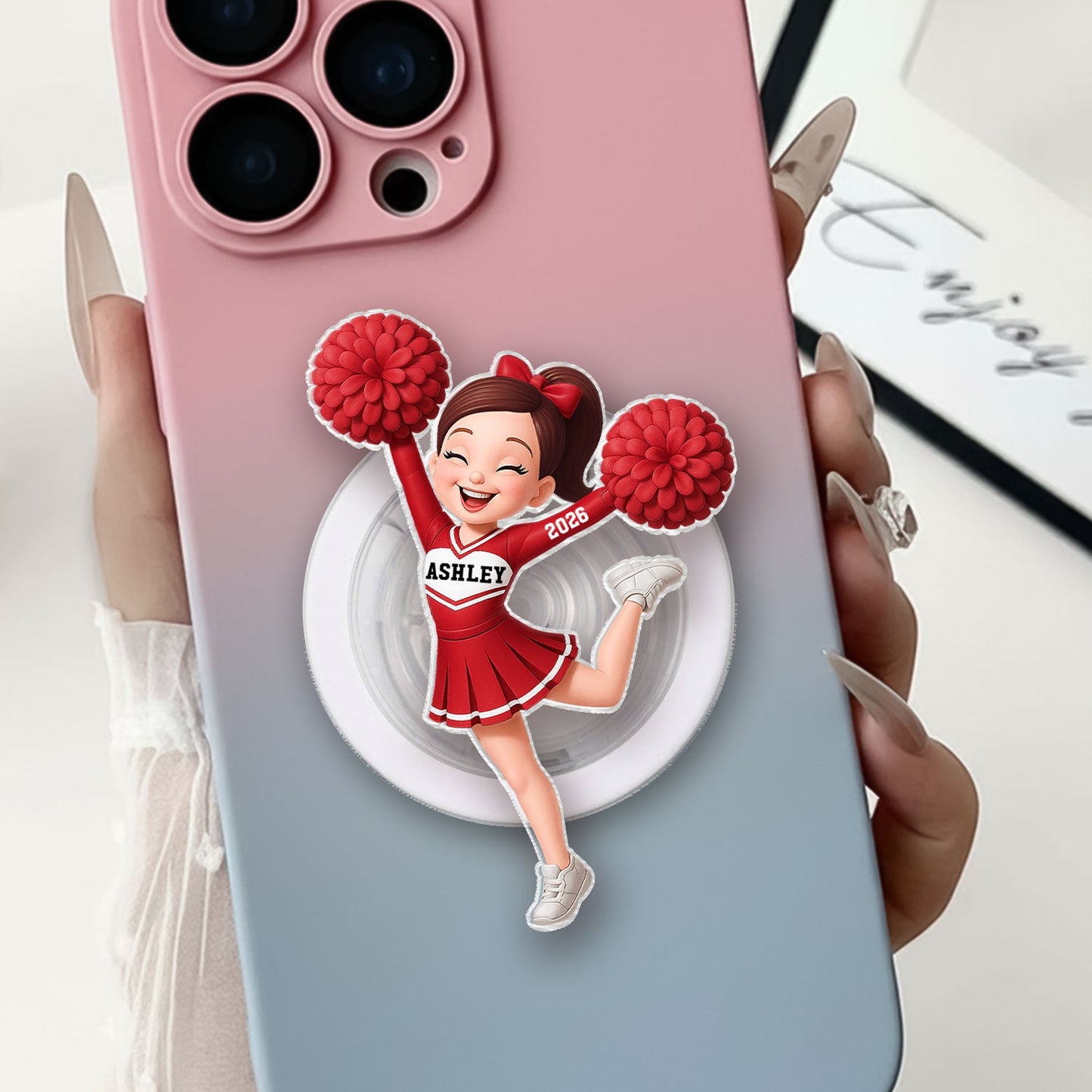 3D Effect Cheerleader Girl - Personalized Acrylic Magnetic Phone Grip - Gift for Daughter, for Granddaughter