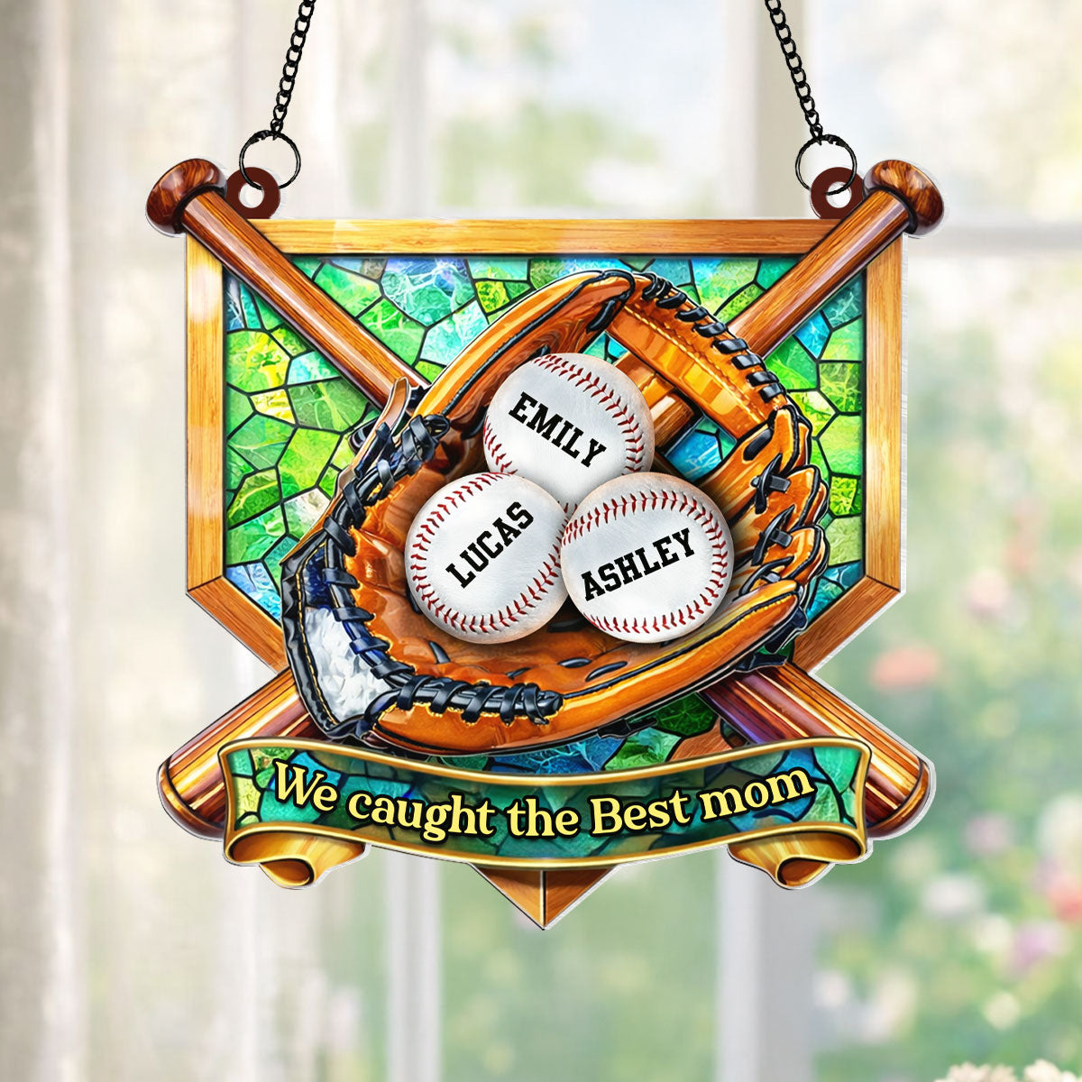 Baseball Glove We Caught the Best Mom - Personalized Suncatcher - Mother's Day Gift for Mom, Wife